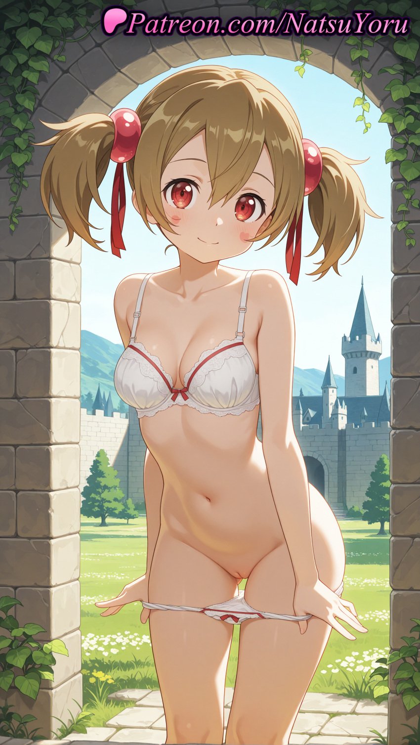 1girls 2025 ai_assisted ai_generated alfheim_online anime anime_style arch artist_name ass_visible_through_thighs ayano_keiko bangs bare_arms bare_shoulders blonde_hair blue_sky blush blush_stickers bow bow_bra bow_panties bra breasts brown_hair bust busty castle cleavage cleft_of_venus closed_mouth collarbone day female female_focus female_only flower grass groin hair_between_eyes hair_bobbles hair_ornament hair_ribbon hair_ribbons hi_res high_quality high_resolution highres leaning_forward looking_at_viewer medium_breasts natsuyoru navel outdoors paipan panties pantsu panty_pull patreon plant pulled_by_self pussy red_eyes red_ribbon ribbon short_hair short_twintails silica sky small_breasts smile solo solo_female stable_diffusion standing stomach sword_art_online sword_art_online:_fairy_dance sword_art_online_alicization thighs twintails uncensored underwear underwear_only undressing vagina voluptuous voluptuous_female white_bra white_panties