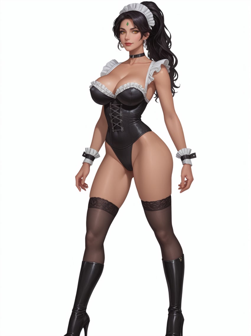 1female 1girl 1girls ai_generated boob_focus boob_window breast_focus breasts bust_focus chest_focus choker ear_piercing ear_piercings ear_ring ear_rings earring earrings female female_focus forehead_gem forehead_jewel french_maid french_maid_nidalee gem_on_forehead hi_res high_heel_boots high_heels high_res high_resolution highres jewel_on_forehead league_of_legends long_hair long_hair_female maid_stockings nidalee nipple_bulge nipples_visible_through_clothing orange_eyes orange_eyes_female perky_breasts perky_nipples ponytail ponytail_female riot_games shiny shiny_body shiny_breasts shiny_butt shiny_elbows shiny_skin shu simple_background skimpy skimpy_maid skimpy_outfit skimpy_panties skimpy_underwear skimpy_uniform stockings the_grind_series white_background