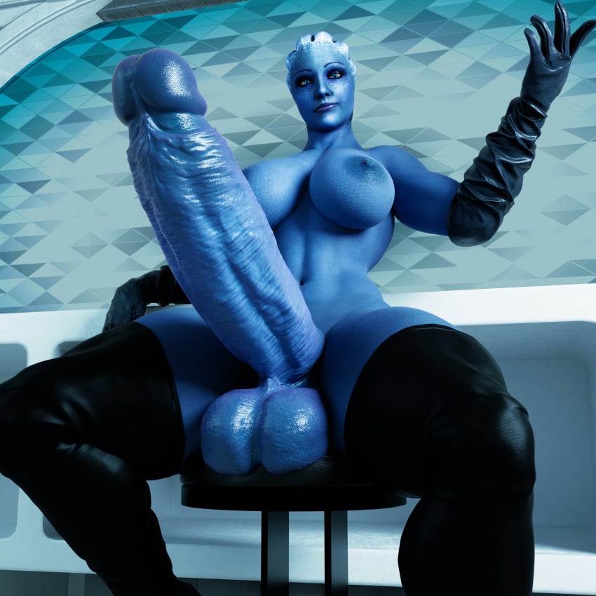 3d asari asari_futanari big_penis blue_eyes blue_skin boots bright_pupils futa_only futanari gloves liara_t'soni looking_at_viewer low-angle_view manufatura mass_effect self_upload solo tagme