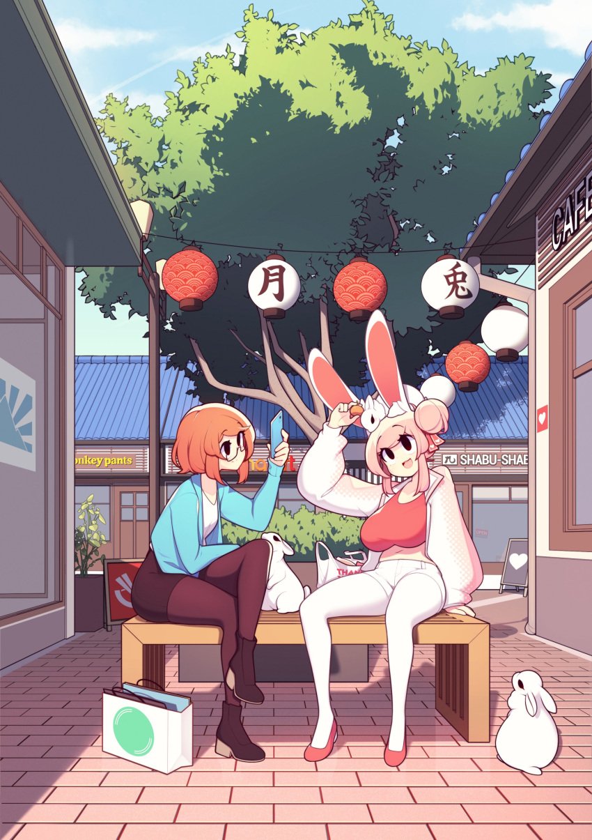 2girls animal big_breasts black_eyes brown_pantyhose bunny bunny_ears bunny_girl detailed_background female female_only fiz fizintine glasses hair_bun hi_res luna_(fizintine) orange_hair outdoors pantyhose pink_hair sitting sitting_on_bench smile taking_picture white_pantyhose wholesome