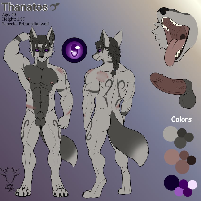 2024 anthro ass balls canid canine canis digital_drawing_(artwork) digital_media_(artwork) english_text erection fur genitals grey_body guispe_opockjha hair hi_res humanoid_genitalia humanoid_penis looking_at_viewer male mammal model_sheet nipples nude paws penis purple_eyes scar signature simple_background smile solo standing tail text thatanos_the_death tongue wolf