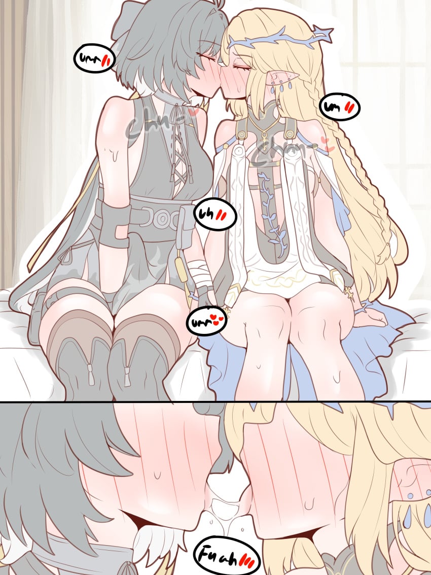 2girls blush cartethyia_(wuthering_waves) female female_rover_(wuthering_waves) french_kiss physisyoon rover_(wuthering_waves) wuthering_waves yuri