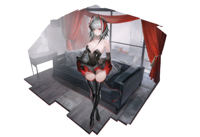 ai_assisted ai_generated arknights black_leotard black_panties breasts cleavage full_body high_heels indoors innerboob leotard looking_at_viewer medium_breasts miniskirt muchdoge panties smile strapless_leotard thigh_boots thighs underwear white_background