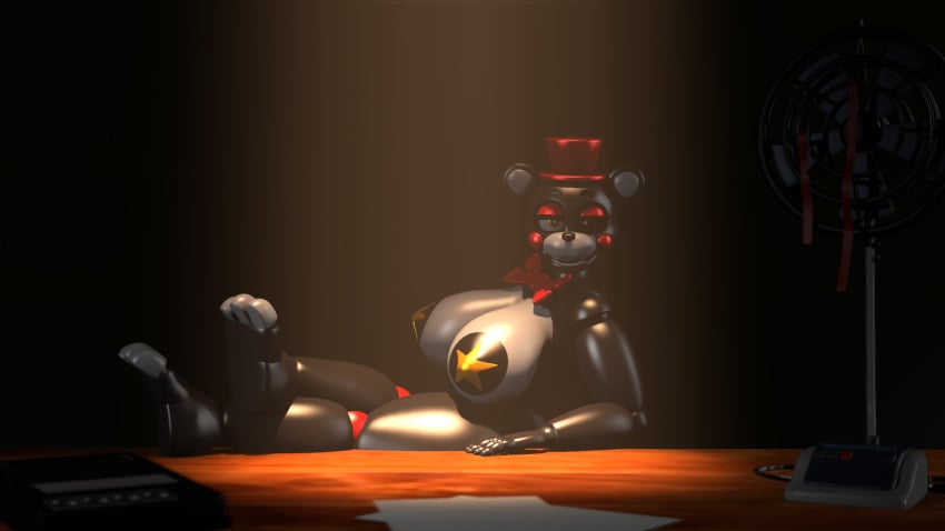 3d 3d_(artwork) 3d_model animatronic bear big_ass big_breasts black_body breasts fan female female_focus female_only five_nights_at_freddy's fnaf fridger grey_body lefty_(fnaf) red_cheeks red_hat red_ribbon robot sitting sitting_on_chair solo source_filmmaker stars_on_nipples straight table