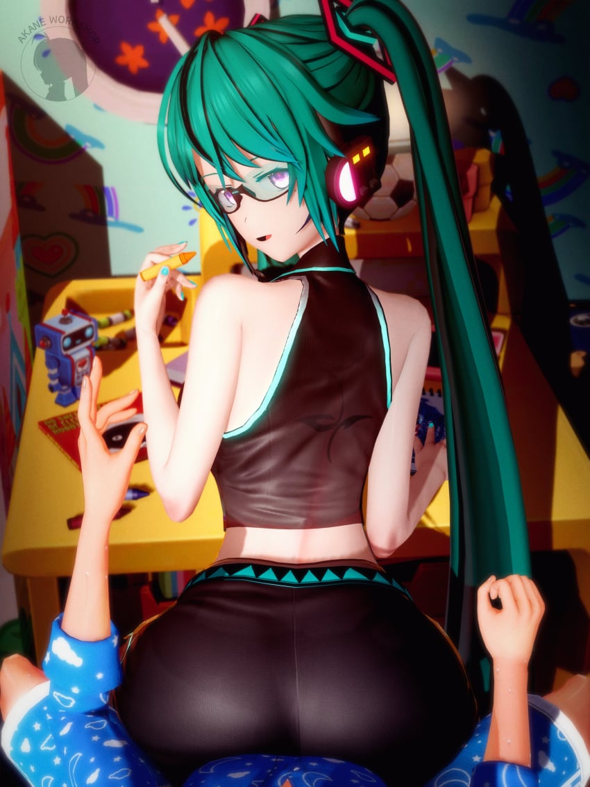 3d blue_hair clothed crayon from_behind glasses hatsune_miku headgear hi_res hiding_object huge_ass looking_at_viewer looking_back pigtails pov purple_eyes questionable safe safe_for_work sfw sitting sitting_on_lap tagme tagme_(artist) twintails vocaloid