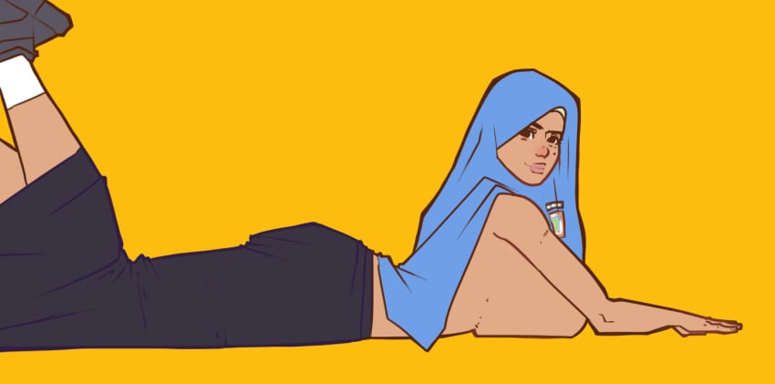 2025 bolapistarize bracelet breasts clothing dark-skinned_female dark_nipples dark_skin erect_nipples hijab hijabi islam laying_down laying_on_stomach mostly_clothed mostly_clothed_female muslim muslim_female no_shirt oc original_character posing religion simple_background smiling teeth topless topless_female yellow_background