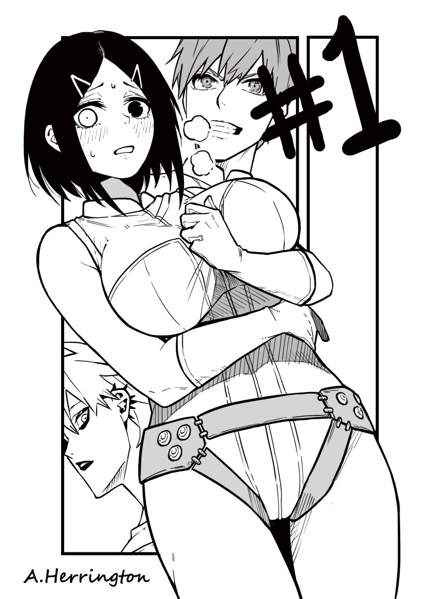 1girls 2girls alexander_herrington big_breasts black_and_white black_hair blush blush_lines bodysuit breasts breath breath_cloud chidori_(ranger_reject) different_eye_color duster_(species) female fighter_d footsoldier_d heterochromia holding_breast monochrome sentai_daishikkaku tight_clothing usukubo_angel white_hair