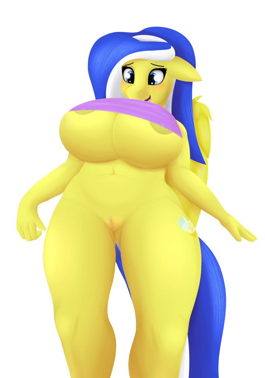 absurd_res accessory anthro belly big_breasts blue_eyes blush booponies breasts equid equine hair_accessory hairband hi_res horse lemon_frost_(oc) lineless low-angle_view mammal my_little_pony nipples pony pterippus pussy smile standing teeth tongue wings