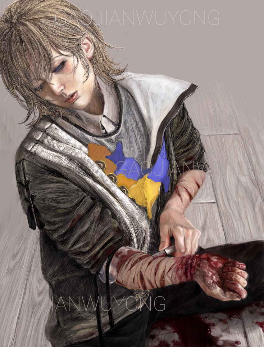 bleeding blonde_hair blood blood_on_clothes blood_on_hands boxcutter cuts highres holding holding_boxcutter injury longwandb looking_down male male_focus on_floor original self-harm self-harm_scar sitting solo wrist_cutting