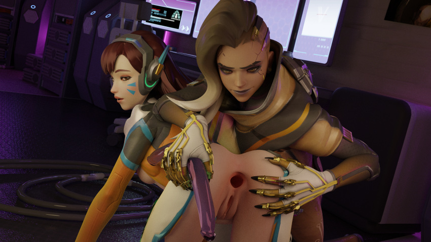 3d alternate_costume asian ass blizzard_entertainment blueberry_d.va brown_eyes brown_hair castillo_(map) d.va dildo female gape gaping gloves hana_song headset latina olivia_colomar oro_sombra overwatch overwatch_2 sfmtessai sombra torn_bodysuit torn_clothes