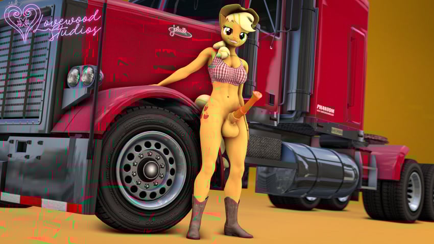 3d absurd_res anatomically_correct anatomically_correct_genitalia anatomically_correct_penis animal_genitalia animal_penis anthro applejack_(mlp) boots bottomless clothed clothing cowboy_boots cowboy_hat crop_top digital_media_(artwork) earth_pony equid equine equine_genitalia equine_penis footwear friendship_is_magic futanari genitals green_eyes gynomorph hasbro hat headgear headwear heavy_truck herm hi_res horse intersex looking_at_viewer lovewood_studios mammal my_little_pony penis pony semi-trailer_truck shirt shoes simple_background solo source_filmmaker_(artwork) standing topwear truck vehicle watermark