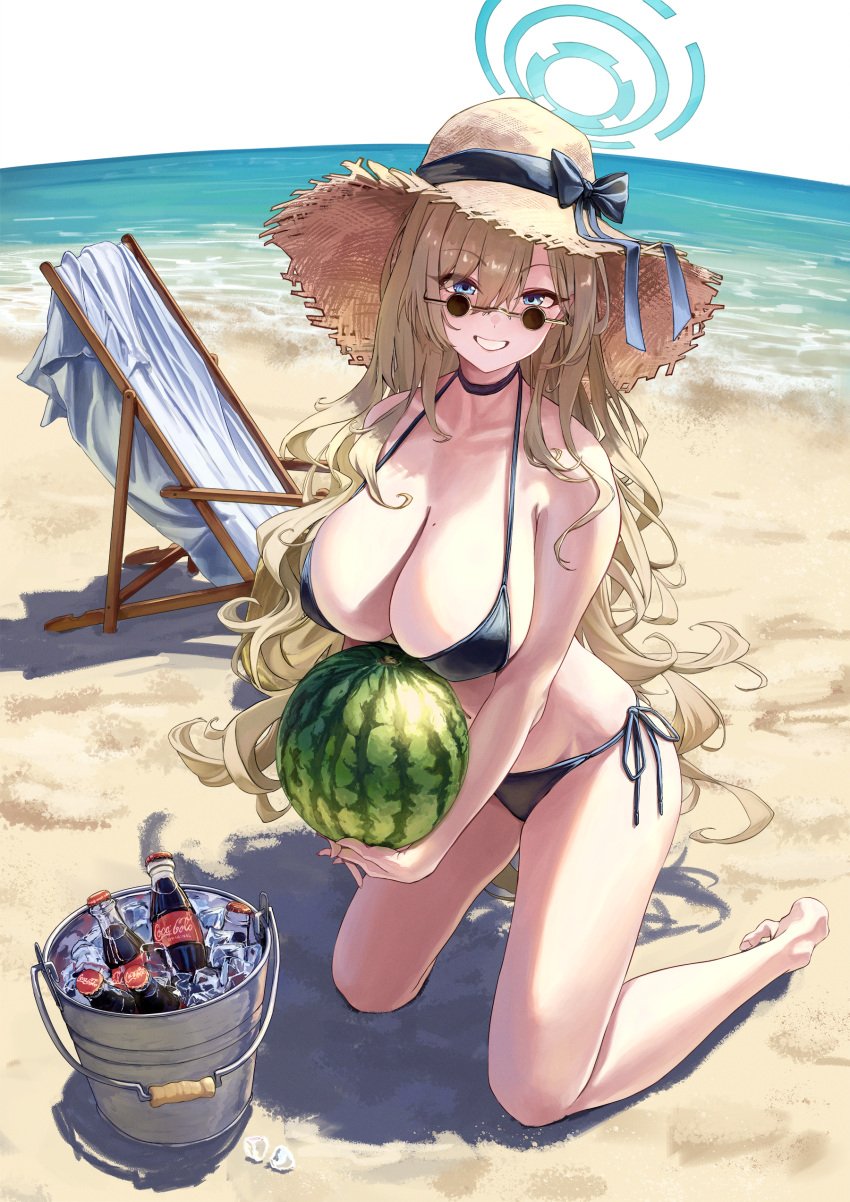 1girls asuna_(blue_archive) beach beach_chair big_breasts blonde_hair blue_archive blue_eyes bocchi_(kuropom7) coca-cola female female_focus female_only glasses halo hat high_resolution ice long_hair looking_over_eyewear looking_over_sunglasses mole_on_breast sea string_bikini sunglasses swimsuit tinted_eyewear video_game_character watermelon white_skin