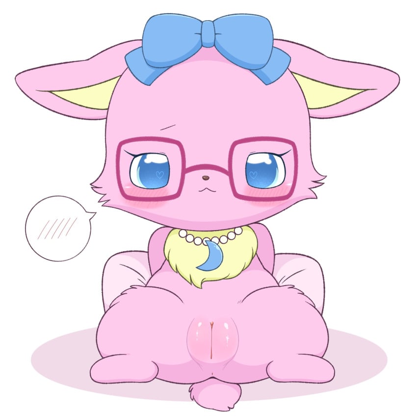 1:1 accessory anthro anus azuo blue_eyes blush bow_ribbon ears_down eyewear female female_anthro fur genitals glasses hair_accessory hair_ribbon hairbow hi_res jewelpet jewelry lagomorph leporid luna_(jewelpet) mammal necklace pink_body pink_fur pivoted_ears presenting presenting_pussy pussy rabbit ribbons sanrio sega_fave semi-anthro simple_background solo spread_legs spreading white_background