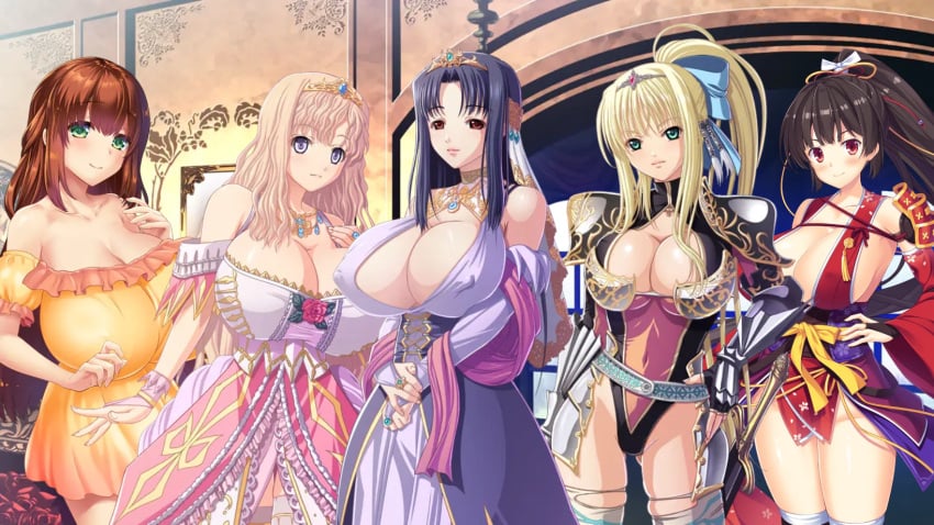 5girls after_childbirth bare_shoulders black_hair black_hair_female blonde_hair blonde_hair_female blue_hair blue_hair_female brown_hair brown_hair_female castle castle_background castle_interior cleavage clothed_female covered_nipples dark_blue_hair enormous_breasts female female_knight female_only flower game_cg gigantic_breasts greeting huge_breasts hyper_breasts isis_petrovna_ellenskaia kashima_hikari kyonyuu_fantasy kyonyuu_fantasy_gaiden kyonyuu_fantasy_gaiden_2 large_breasts long_black_hair long_blonde_hair long_blue_hair long_brown_hair long_hair long_hair_female luceria_von_diamante maou_ga_gendai_sekai_ni_tensei_shitara_oppai_o_medenakute_wa_naranaku_natta_ken married_woman massive_breasts mature_female moonstone_cherry morning multiple_girls nipples_visible_through_clothing older_sister platinum_blonde_hair pool queen rokusaanu_do_dejiiru rose_(flower) salutation sex_open_world_e_youkoso! tiara yawato_iroha