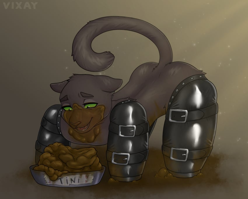 bondage bowl clothing container eating_feces feces feces_in_mouth felid handwear hi_res latex latex_clothing latex_handwear latex_legwear legwear male mammal pantherine petplay roleplay scat scatplay simple_background smile solo vixay