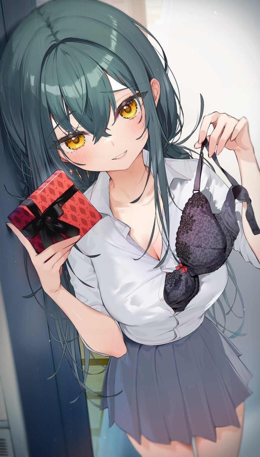 absurdres black_bow black_bra black_ribbon blue_hair blush bow box box_of_chocolates bra breasts cleavage collared_shirt commentary_request crossed_bangs female gift gift_box green_hair grey_skirt grin hair_between_eyes hair_intakes highres holding holding_box holding_bra holding_gift holding_underwear holding_unworn_clothes incoming_gift indoors itohana large_breasts long_hair looking_at_viewer original partially_undressed pleated_skirt removing_bra_under_shirt ribbon school_uniform shirt sidelocks skirt smile solo underwear undressing unworn_bra valentine white_shirt yellow_eyes
