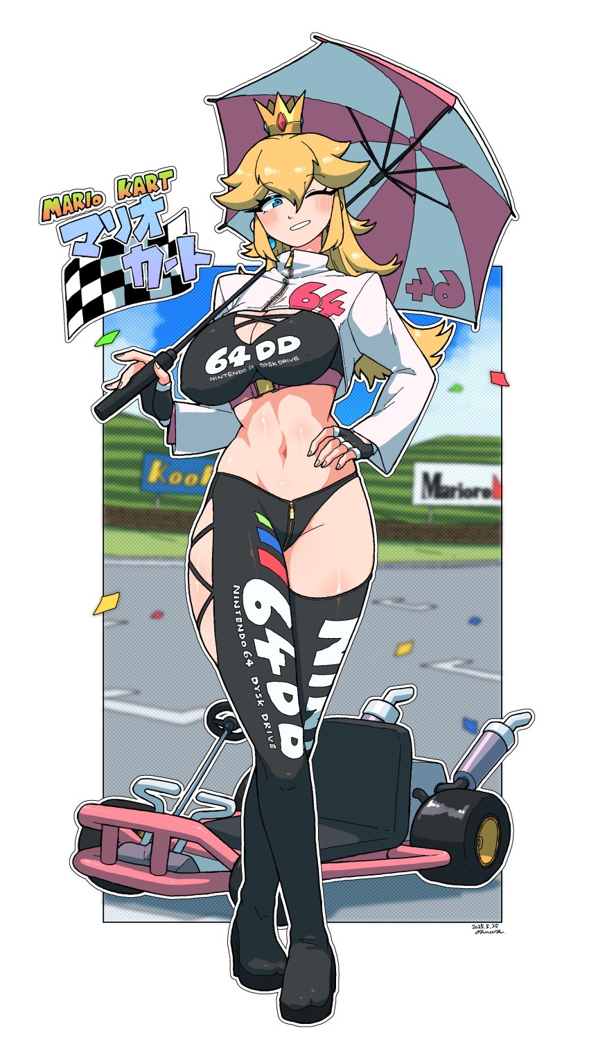 1girls absurdres alternate_breast_size artist_name bilingual_text black_gloves black_leggings black_sports_bra blonde_hair blue_eyes blue_gemstone blurry blurry_background blush border breasts cleavage cleavage_cutout clothes_writing clothing_cutout confetti copyright_name crossed_legs crotch_zipper crown dated day english_text female female_focus fingerless_gloves gem gloves go-kart grin groin hair_flaps hand_on_own_hip hand_up happy highres holding holding_umbrella in-universe_location japanese_text large_breasts leggings long_hair long_sleeves looking_at_viewer mario_(series) mario_kart mario_kart_64 midriff mini_crown mixed-language_text navel nintendo omura_zojiki one_eye_closed outdoors outline outside_border over_shoulder princess_peach red_gemstone shrug_(clothing) side_cutout sidelocks signature skindentation smile solo sports_bra stomach teeth umbrella watson_cross white_border white_outline white_shrug wink yellow_crown zipper zipper_pull_tab