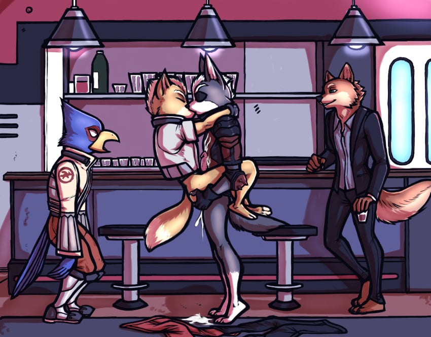 absurd_res anal bad_id bar bodily_fluids bottomless canid canine canis clothed clothing cum cum_in_ass cum_inside cum_on_chest eye_patch eyewear falco_lombardi fox fox_mccloud genital_fluids group hi_res kissing luraiokun male male/male mammal marty_shepard nintendo penis public romantic sex stand_and_carry_position standing standing_sex star_fox video_games wolf wolf_o'donnell year_request