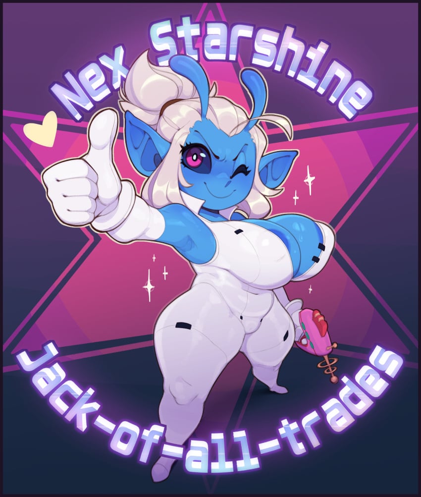 1girls alien alien_humanoid antennae_(anatomy) areola_slip big_breasts black_sclera blue_skin cleavage commission english_text eyelashes female female_only gun heart huffslove looking_at_viewer nex_starshine pointy_ears ponytail purple_eyes shortstack sidelocks smiling smiling_at_viewer solo text thick_thighs thumb_up very_high_resolution white_hair wink winking_at_viewer