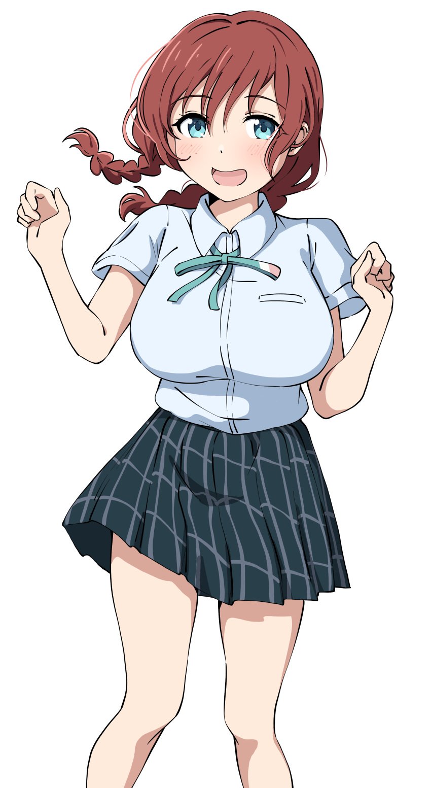 :d absurdres blue_eyes blue_shirt blush braid breast_pocket breasts brown_hair collared_shirt commentary_request dress_shirt emma_verde feet_out_of_frame female floating_hair freckles green_ribbons grey_skirt hands_up highres large_breasts long_hair looking_at_viewer love_live! love_live!_nijigasaki_high_school_idol_club low_twin_braids miniskirt neck_ribbon nijigasaki_school_uniform open_mouth plaid_clothes plaid_skirt pleated_skirt pocket ribbon school_uniform shirt sidelocks simple_background skirt smile solo split_mouth summer_uniform twin_braids uchuu_no_mozuku white_background