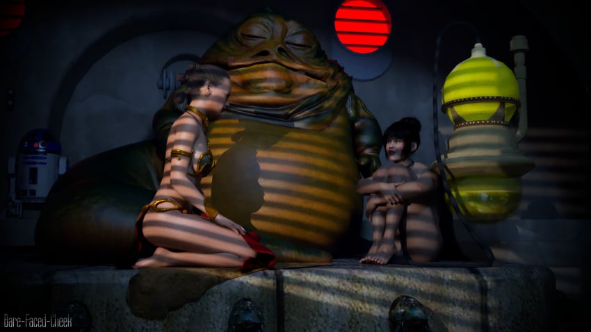 1boy 2girls 3d bare-faced-cheek collar female jabba_the_hutt male nude_female r2-d2 rey rose_tico slave slave_leia_(cosplay) star_wars