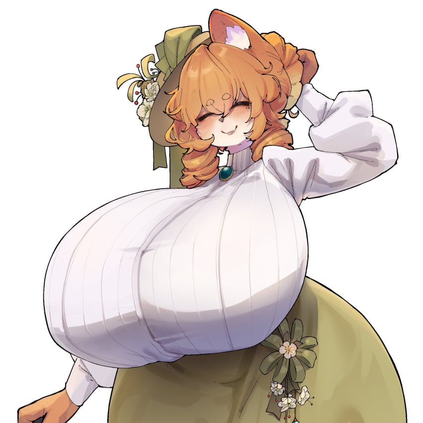 1girls big_boobs big_breasts boobs breasts cat_ears character_request clothing furry hat huge_boobs huge_breasts long_sleeves orange_hair rr001c simple_background turtleneck
