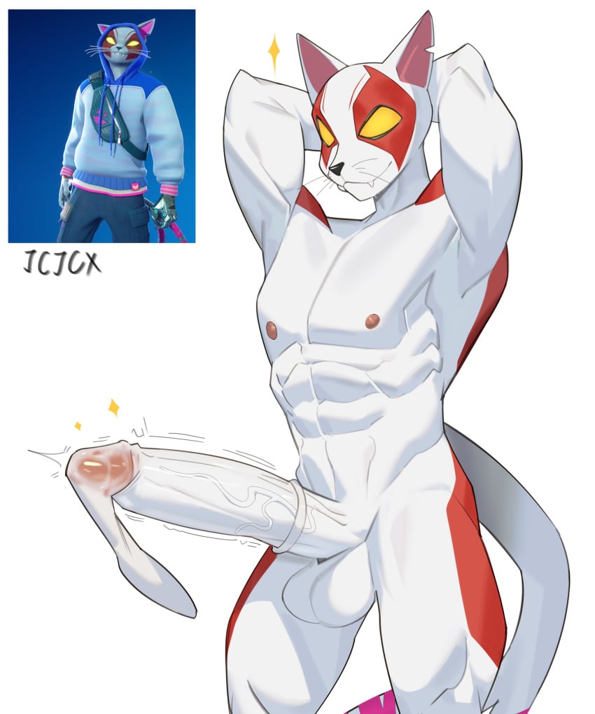 2025 abs absurd_res anthro athletic athletic_anthro athletic_male balls big_penis black_nose circumcised condom cxcxxcxxxx domestic_cat ejaculation emanata empty_eyes erection facial_markings fangs felid feline felis filled_condom fortnite fur genitals hands_behind_head head_markings hi_res leg_markings male mammal markings mouth_closed nipples notched_ear nude_anthro nude_male nyanja_(fortnite) penis pink_nipples red_markings reference_image sexual_barrier_device solo standing tail teeth vein veiny_penis whiskers white_body white_fur yellow_eyes