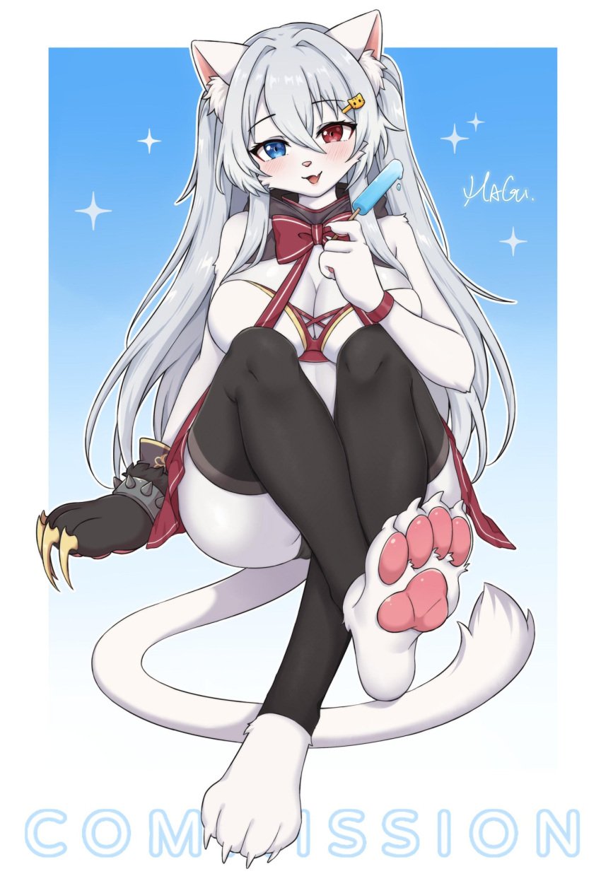2023 2d anthro cleavage clothed clothing feet felid feline female fur furry furry_female furry_only heterochromia ice_cream large_breasts legwarmers long_hair magu_mm_0824 pawpads paws signature simple_background solo tongue tongue_out white_body white_fur