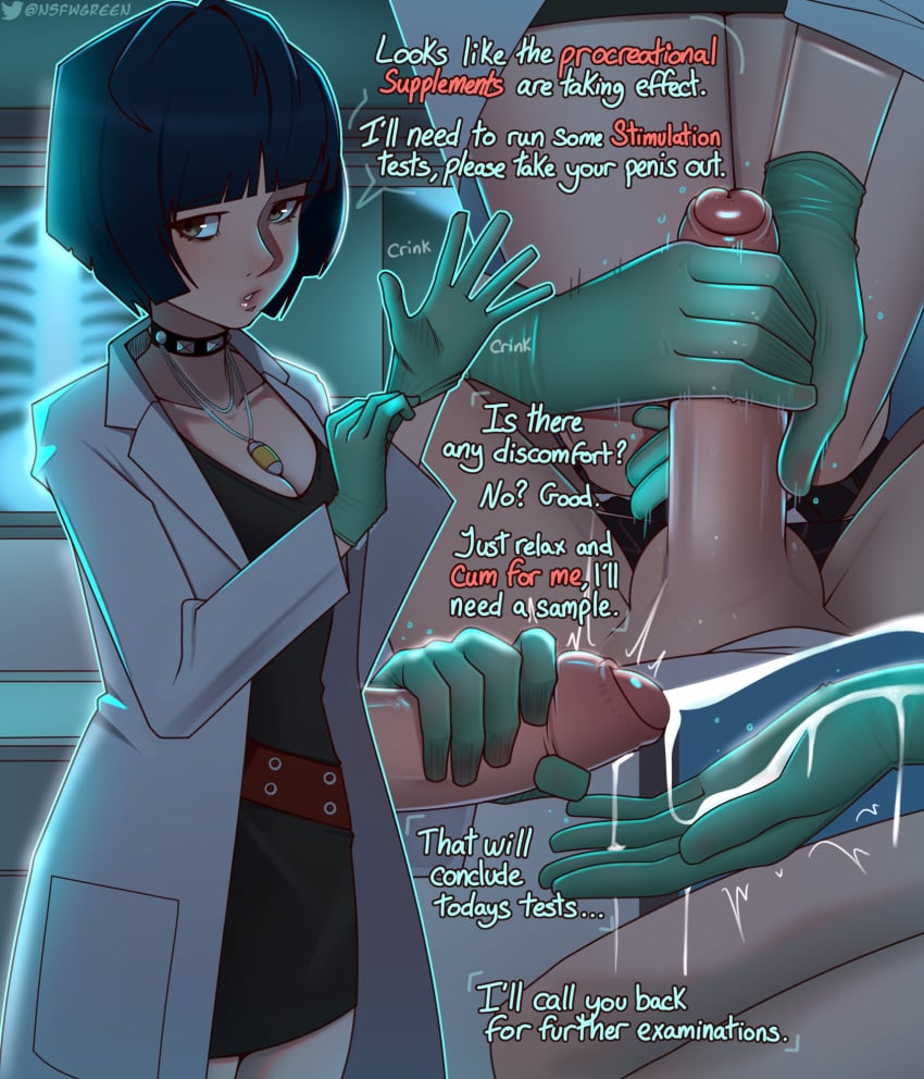 1boy 1girls blue_hair brown_eyes choker clothed coat cum cum_on_hand cumshot doctor english_text female femdom foreskin gloves greencash handjob lab_coat looking_at_viewer male necklace nurse penis persona persona_5 rubber_gloves short_hair stimulation tae_takemi test_subject text touching_penis uncircumcised