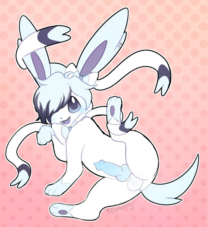 1boy 3_toes :3 alternate_color aspen ass big_ears black_highlights black_nose blue_blush blue_eyes blue_fur blue_penis bow ears_up eeveelution erection feet fur grey_eyes hair hair_highlights hair_over_eyes half-closed_eyes hi_res inviting knot leg_markings leg_up long_ears looking_at_viewer male male_only male_sylveon markings nintendo original_character pawpads paws penis pink_background pokémon_(species) pokemon pokemon_(species) pokemon_xy presenting presenting_penis purple_fur purple_hair ribbons scorbunny_(artist) sheath simple_background smile socks_(marking) solo spread_legs spreading sylveon tail teeth testicles text toes tongue video_games watermark white_fur white_hair