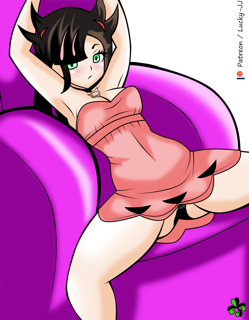 1girls armpits ass black_hair black_panties blush breasts choker cleavage deviantart eye_contact female female_only green_eyes hair_over_one_eye human human_only lingerie looking_at_viewer lucky-jj marnie_(pokemon) minidress on_back panties patreon pokemon pokemon_ss shirt solo spread_arms spread_legs text upskirt watermark white_background