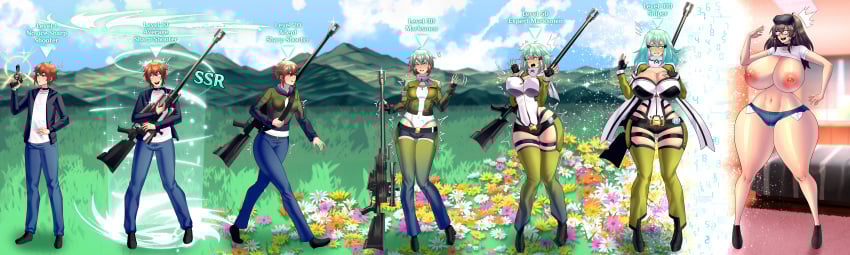 1boy 1girls aqua_hair asada_shino ass ass_expansion belly big_ass big_breasts bimbo bimbofication blush breast_expansion breasts breasts_bigger_than_head breasts_out brown_eyes brown_hair bulge bulge_through_clothing child_bearing_hips cleavage clothing collar color curvy english english_text enormous_breasts expansion exposed_breasts exposed_nipples female feminization gender_transformation genderswap_(mtf) giant_breasts glasses gun hair hair_color_change hair_growth hair_ornament hips hips_wider_than_shoulders hourglass_expansion hourglass_figure huge_breasts keygii large_breasts long_hair long_sleeves makeup male massive_breasts motion_lines mtf_transformation nipple_bulge nipples nipples_visible_through_clothing no_bra pistol revealing_clothes rule_63 scarf sequence shiny shiny_hair shiny_skin shirt short_hair shorts sinon slim_waist sniper standing stomach sword_art_online thick thick_thighs thighs transformation transformation_sequence video_games voluptuous voluptuous_female vr vr_headset white_shirt wide_hips