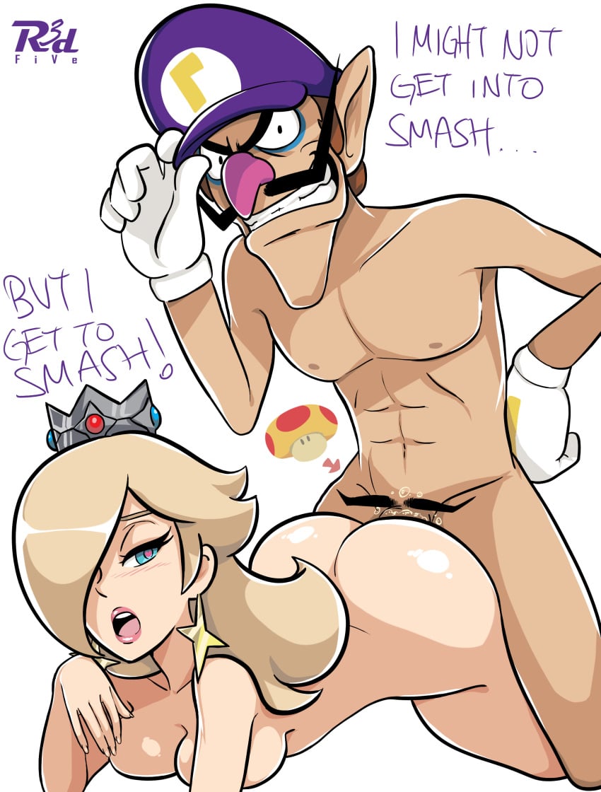 1boy 1girls ass blonde_female blonde_hair blue_eyes blush breasts crown earrings female from_behind gloves hat heart-shaped_pupils human humor long_hair male mario_(series) mega_mushroom mushroom nintendo open_mouth penetration penis princess_rosalina prone_bone pubic_hair purple_hat r3dfive sex simple_background spread_legs super_mario_bros. super_smash_bros. text vaginal_insertion vaginal_penetration waluigi white_background