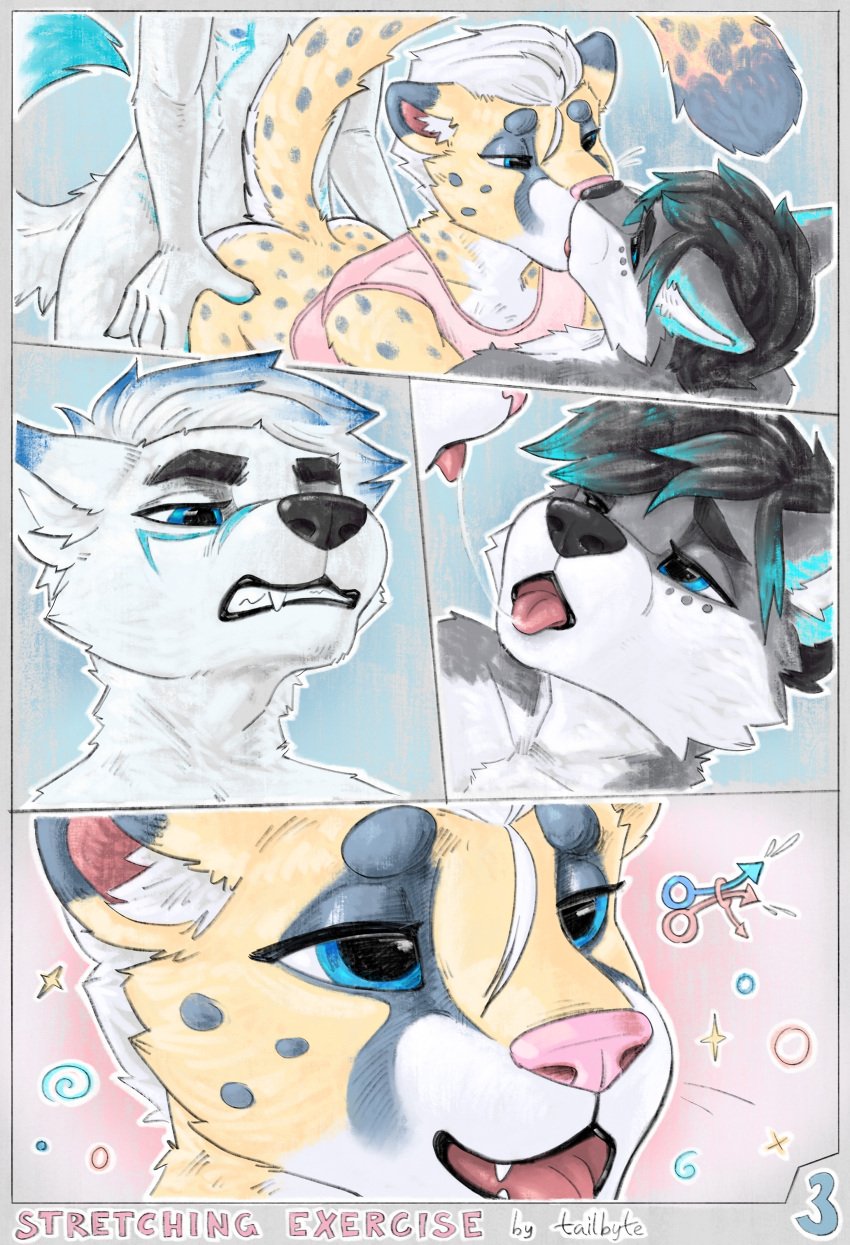 absurd_res ahe_gao anal anal_sex anthro ass black_nose blue_eyes bodily_fluids bottomless canid canine canis cheetah clothed clothing comic crop_top digital_media_(artwork) digital_painting_(artwork) double_anal double_penetration eyeshadow felid feline fur grey_body group group_sex hair hi_res kissing looking_at_another looking_pleasured makeup male male/male male_penetrated male_penetrating male_penetrating_male mammal markings multicolored_body multicolored_fur multicolored_hair open_mouth painting_(artwork) penetration pink_clothing pink_nose saliva saliva_string seductive sex shirt simple_background smile spots spotted_markings tail tailbyte taily_(tailbyte) teeth threesome tongue tongue_out topwear trio two_tone_hair white_body wolf yellow_body