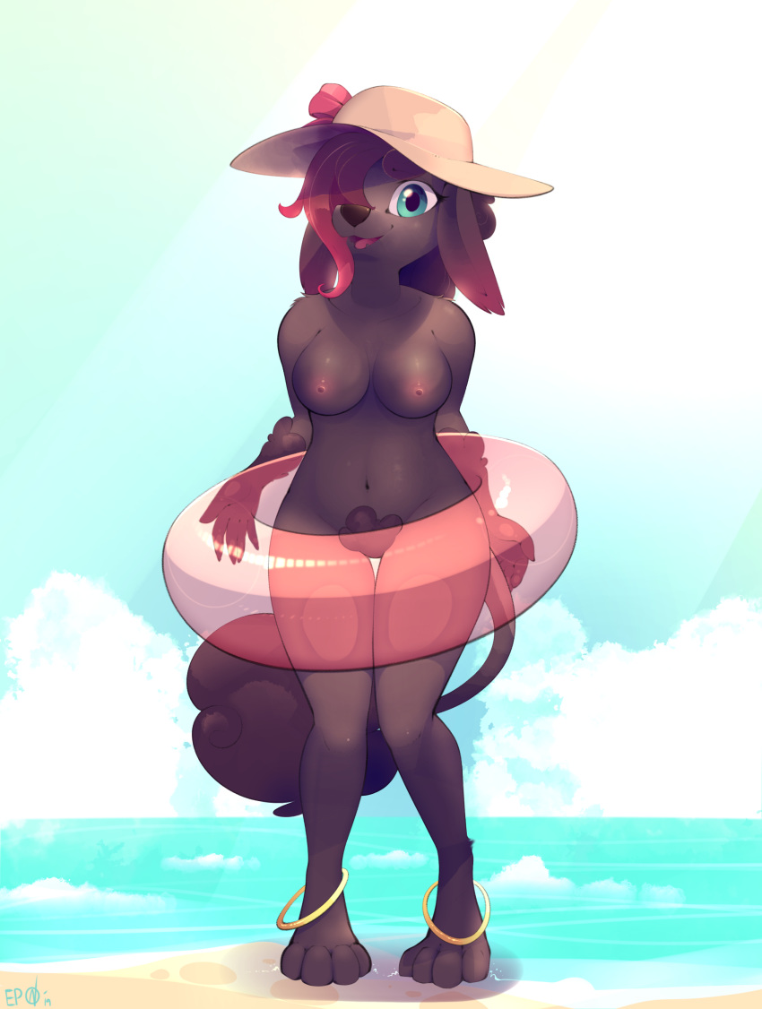 2019 absurd_res anthro b-epon beach big_breasts breasts bush_(disambiguation) canid canine canis curvaceous domestic_dog female fluffy hair happy hi_res inner-tube inner_tube looking_at_viewer mammal nipples poodle pool_toy seaside solo sun_hat sunhat