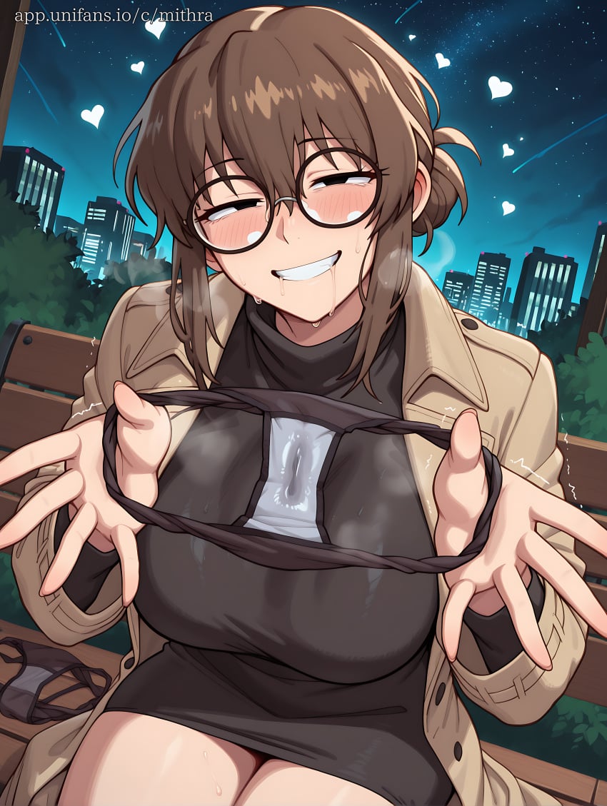 1girls ai_generated black_dress black_panties blush breasts brown_coat brown_hair call_of_the_night coat dress drooling female glasses grin hair_between_eyes heart holding holding_clothes holding_panties holding_underwear large_breasts long_sleeves looking_at_viewer night night_sky open_clothes open_coat outdoors panties pussy_juice saliva sidelocks sitting sky smile solo star_\(sky\) starry_sky stray_pubic_hair sweat teeth uguisu_anko underwear unworn_panties yofukashi_no_uta