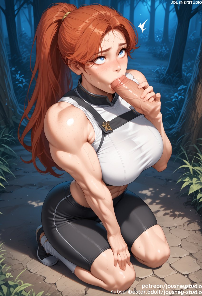 1boy ^^^ abs ai_generated bangs bare_arms bare_shoulders biceps bike_shorts black_shorts blue_eyes blush breasts bush clair_obscur:_expedition_33 clothing crop_top day english_text erection fellatio female footwear forest freckles grass jousneystudio kneeling large_breasts large_penis long_hair looking_up maelle male midriff muscles muscular muscular_female nature oral orange_hair original outdoors pants penis plant ponytail red_hair shirt shoes shorts sitting sleeveless sneakers socks solo solo_focus sports_bra sportswear squatting straight sweat thick_thighs thighs tight toned tree veins veiny_penis