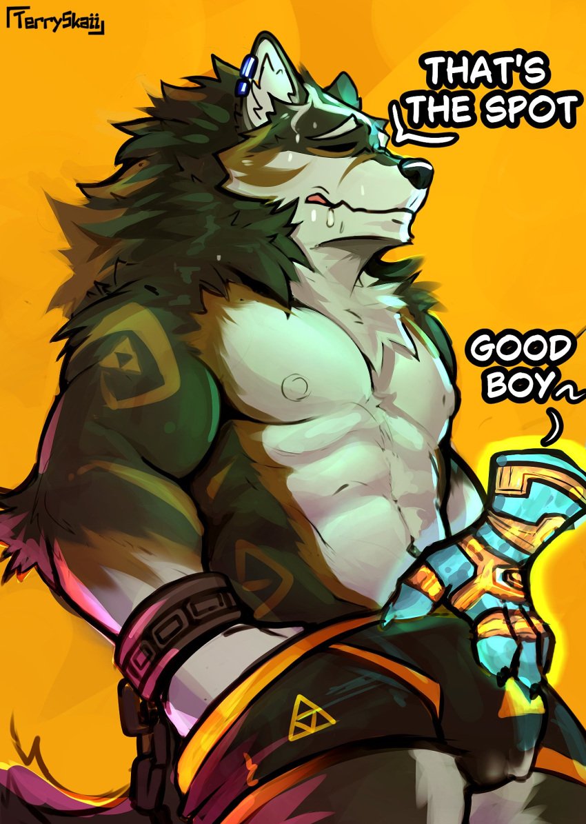 abs ambiguous_gender anthro arm_tattoo bodily_fluids bulge bulge_rubbing canid canine canis clothed clothing cuff_(restraint) dialogue ear_clip english_text fondling genital_fluids good_boy hand_in_underwear hand_on_bulge hi_res looking_pleasured male male/ambiguous mammal muscular muscular_male nintendo penile pet_praise praise precum precum_through_clothing precum_through_underwear restraints ruff shackles solo sweat tattoo tears_of_the_kingdom terryskaii_(artist) text the_legend_of_zelda triforce twilight_princess underwear underwear_only wet wet_clothing wolf wolf_link
