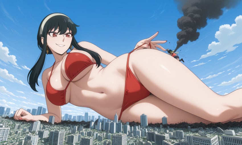 1girls ai_generated anime big_breasts bikini black_hair black_hair_female breasts city city_destruction crawling destruction female female_focus female_only giantess giga_giantess hairband happy happy_female huge_ass huge_boobs huge_breasts huge_butt jeanluc21 light-skinned_female light_skin manga on_all_fours red_bikini spy_x_family thick_thighs thighs yor_briar yor_forger