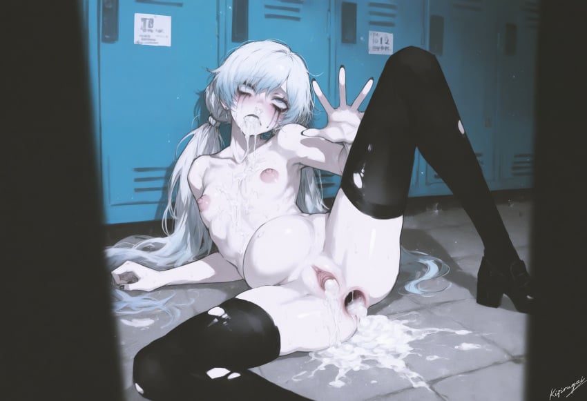 1girls after_gangbang after_rape against_surface ai_generated anus black_lipstick black_makeup cum cum_in_ass cum_in_mouth cum_inside cum_on_body cum_on_breasts cum_string cumdrip female flat_chest gaping goth_girl inflation kizirugai locker_room outstretched_arm pale-skinned_female petite pussy rwby skinny tagme twintails vomiting_cum weiss_schnee white_hair