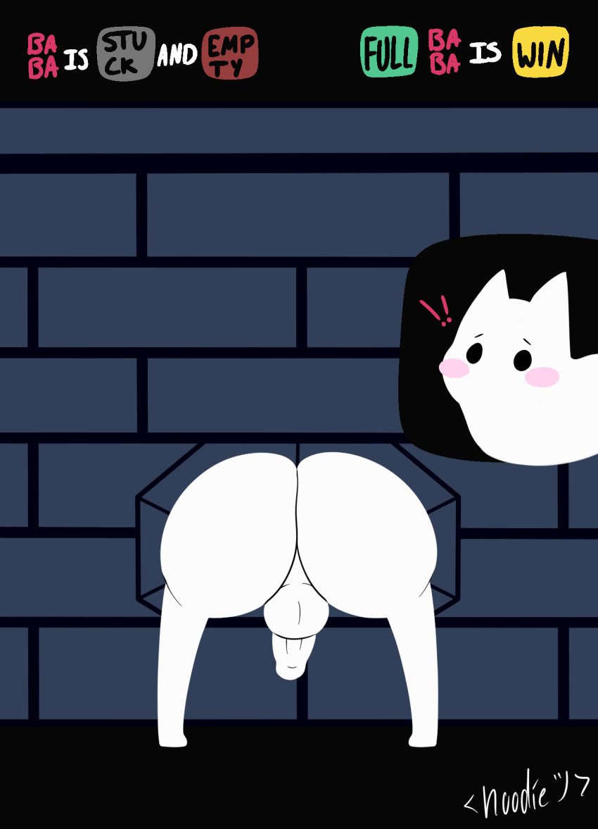 ! 2019 anthro ass baba_(baba_is_you) baba_is_you backsack balls big_butt blush brick_wall digital_media_(artwork) fluffihoodie hi_res male male_only simple_background solo stuck_in_wall text through_wall video_games