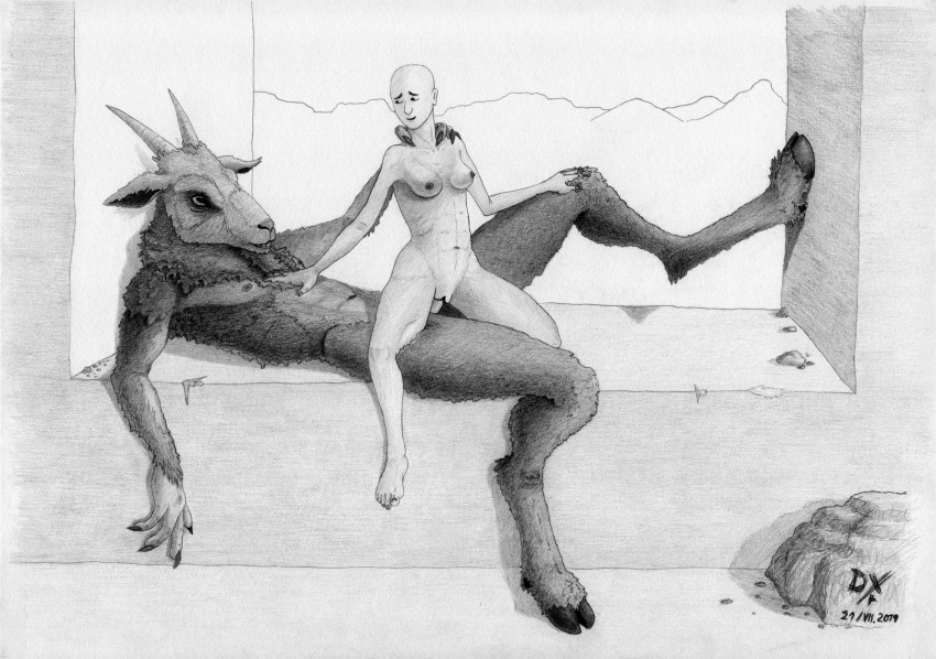 2019 absurd_res anthro anthro_penetrating anthro_penetrating_human bald barefoot biped bovid breasts caprine caprine_demon claws dark_fur dated dekxer demon duo erection female female_penetrated fur graphite_(artwork) greyscale hand_on_back hand_on_chest hand_on_knee hi_res hooves horizontal_pupils horn human human_on_anthro human_penetrated interspecies larger_anthro larger_male lying male male_penetrating mammal monochrome navel nipples nude on_back pencil_(artwork) penetration penis pussy satyr sex size_difference smaller_female smaller_human straight teeth traditional_media_(artwork) vaginal_penetration