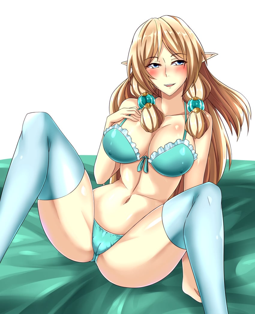 1girls anonymous_artist blonde_hair blue_eyes blush bra eager elf female hair_ornament hand_on_breast lace-trimmed_bra large_breasts lingerie long_hair margaret panties rune_factory rune_factory_4 sitting_on_bed smile smiling solo solo_focus stockings underwear