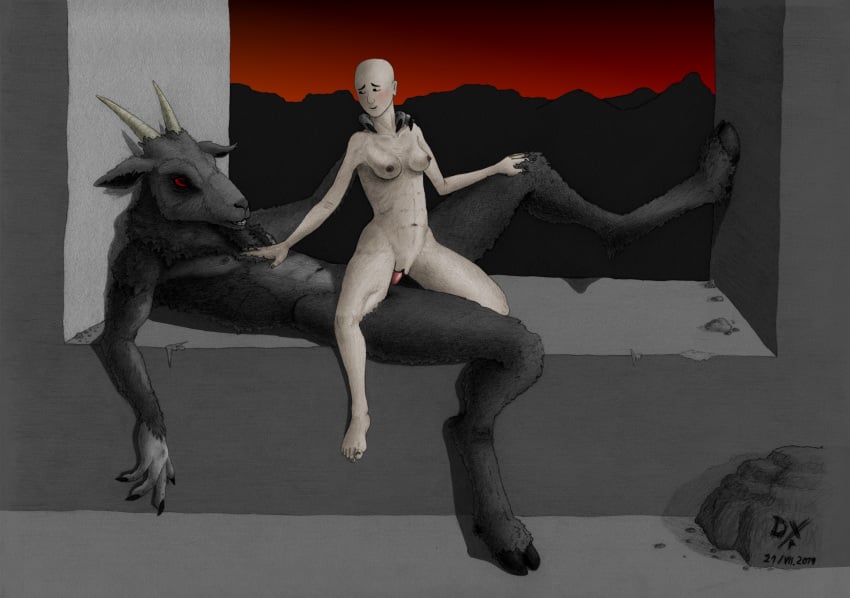 2019 absurd_res anthro anthro_penetrating anthro_penetrating_human bald barefoot biped blush bovid breasts caprine caprine_demon claws dark_fur dated dekxer demon duo erection female female_penetrated fur graphite_(artwork) hand_on_back hand_on_chest hand_on_knee hi_res hooves horizontal_pupils horn human human_on_anthro human_penetrated interspecies larger_anthro larger_male light_skin lying male male_penetrating mammal navel nipples nude on_back pencil_(artwork) penetration penis pussy red_eyes satyr sex size_difference smaller_female smaller_human straight teeth traditional_media_(artwork) vaginal_penetration