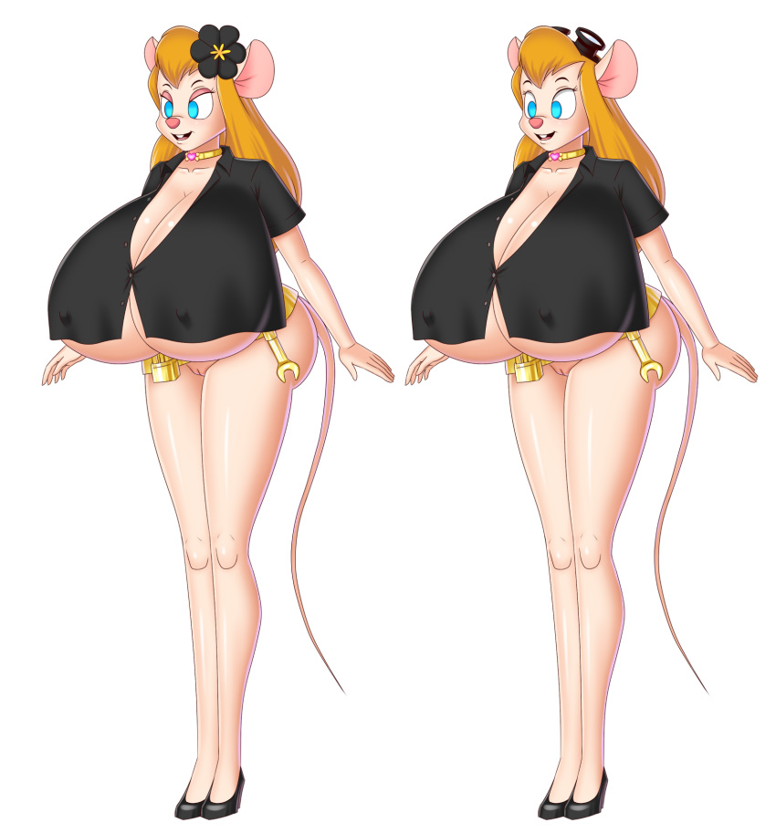 anthro anthrofied bluebullpen breasts chip_'n_dale_rescue_rangers choker cleavage disney empty_eyes female female_only gadget_hackwrench heart hyper hyper_breasts lahwhinie mind_control mouse mouse_girl nipples underboob