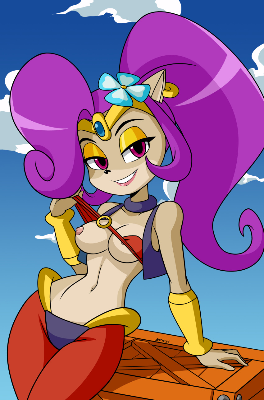 1girls anthro box bra bra_lift breasts coco_bandicoot cosplay crash_(series) crash_team_racing_nitro-fueled flashing furry fusion highres mergeritter nipples pants ponytail purple_eyes purple_hair shantae shantae_(cosplay) smile