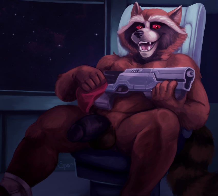 2019 absurd_res anthro balls briefs brown_fur clothing digital_media_(artwork) fur guardians_of_the_galaxy gun hi_res humanoid_penis male male_only mammal marvel nude open_mouth penis procyonid raccoon ranged_weapon rocket_raccoon solo spectral-bat underwear weapon