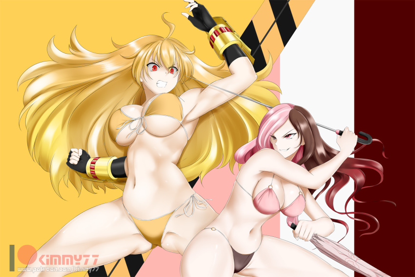 2girls angry big_breasts bikini blonde_hair breasts brown_hair catfight clenched_teeth ember_celica female fight grin hush_(rwby) kimmy77 large_breasts long_hair neo_(rwby) parasol pink_eyes pink_hair red_eyes rwby smile smirk swimsuit thick_thighs weapon yang_xiao_long