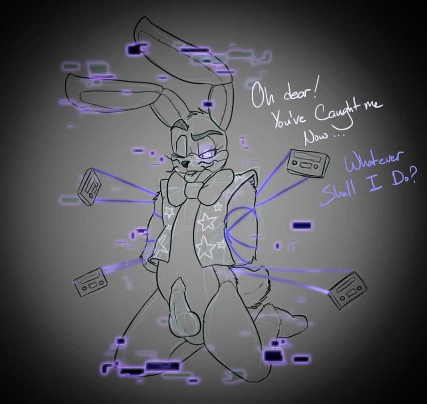 bondage bound bow_tie buckteeth cassette_tape clothing dialogue erection eyebrows five_nights_at_freddy's five_nights_at_freddy's:_help_wanted glitchtrap glowing glowing_eyes hands_behind_back icetigerkitten kneeling lagomorph leporid looking_at_viewer male male_only mammal monochrome one_eye_closed penis purple_eyes rabbit raised_eyebrow seam_(sewing) solo star stitch_(disambiguation) talking_to_viewer teeth tongue tongue_out topwear vest video_games