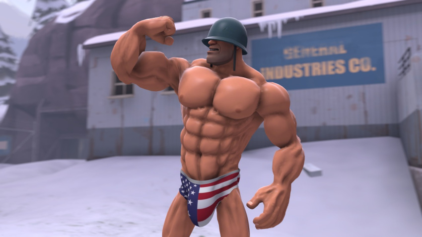 abs bara barazoku big_muscles big_pecs bulge flexing machosoldier male_only manly muscular muscular_male soldier soldier_(team_fortress_2) speedo team_fortress_2